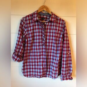 Talbots Red White Blue Front Ruffle Paid Long Sleeved Shirt Womens 12